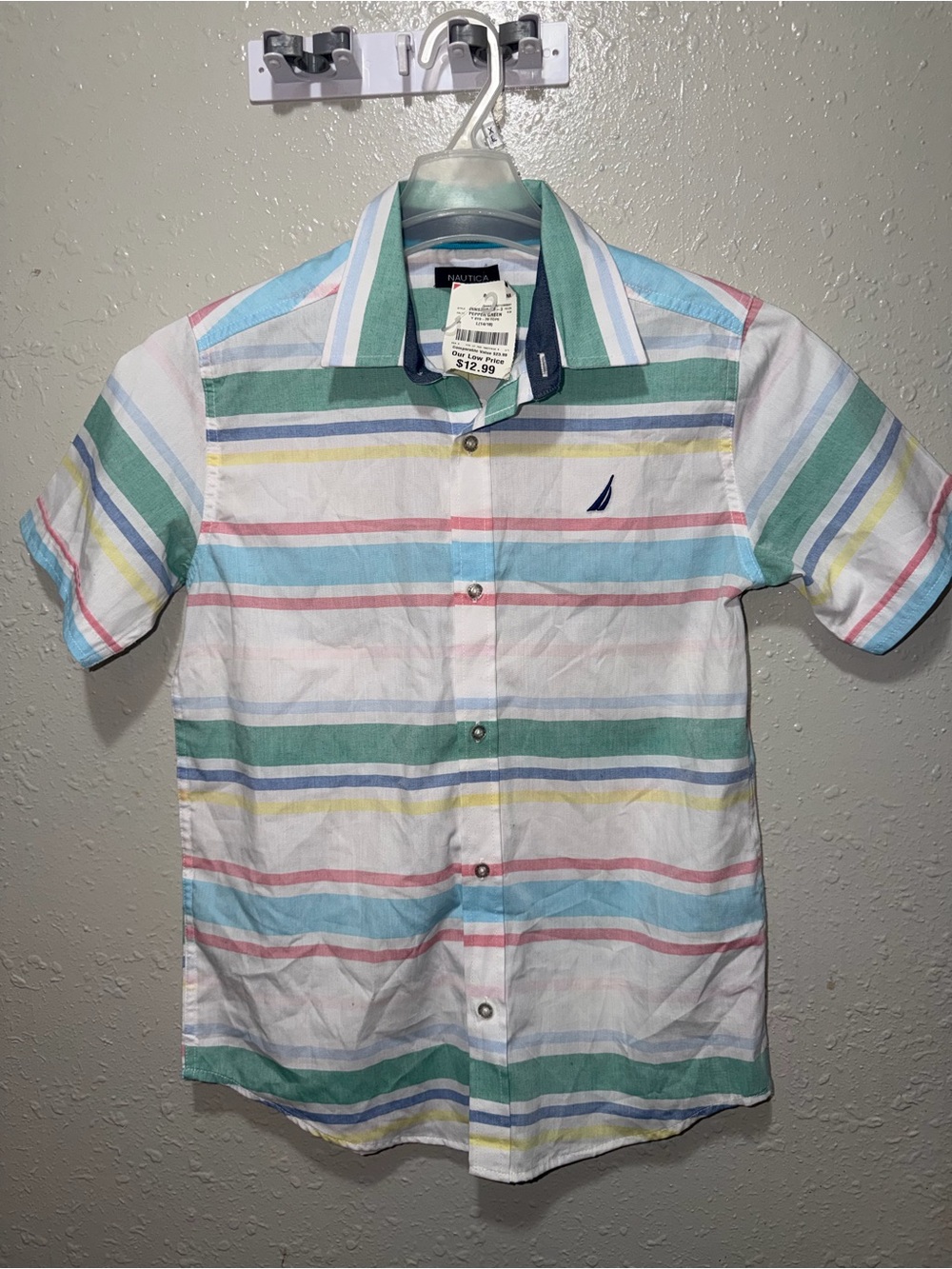 Nautica White Short-Sleeve Button-Down Shirt with Pastel Stripes